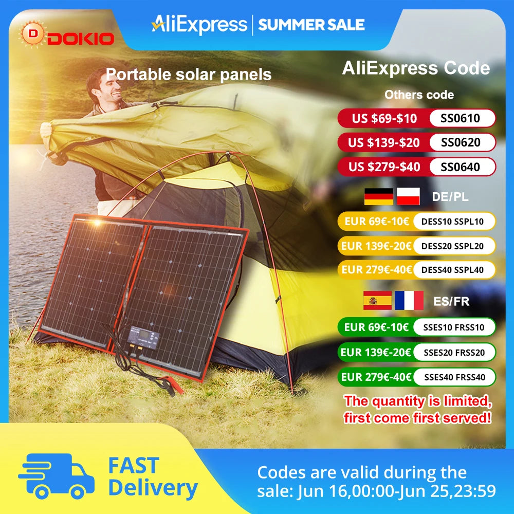 Dokio 18V 97W 150W 195W 295W Portable Foldable Solar Panel With 12V Controller Flexible Solar Panel For House Camping Travel