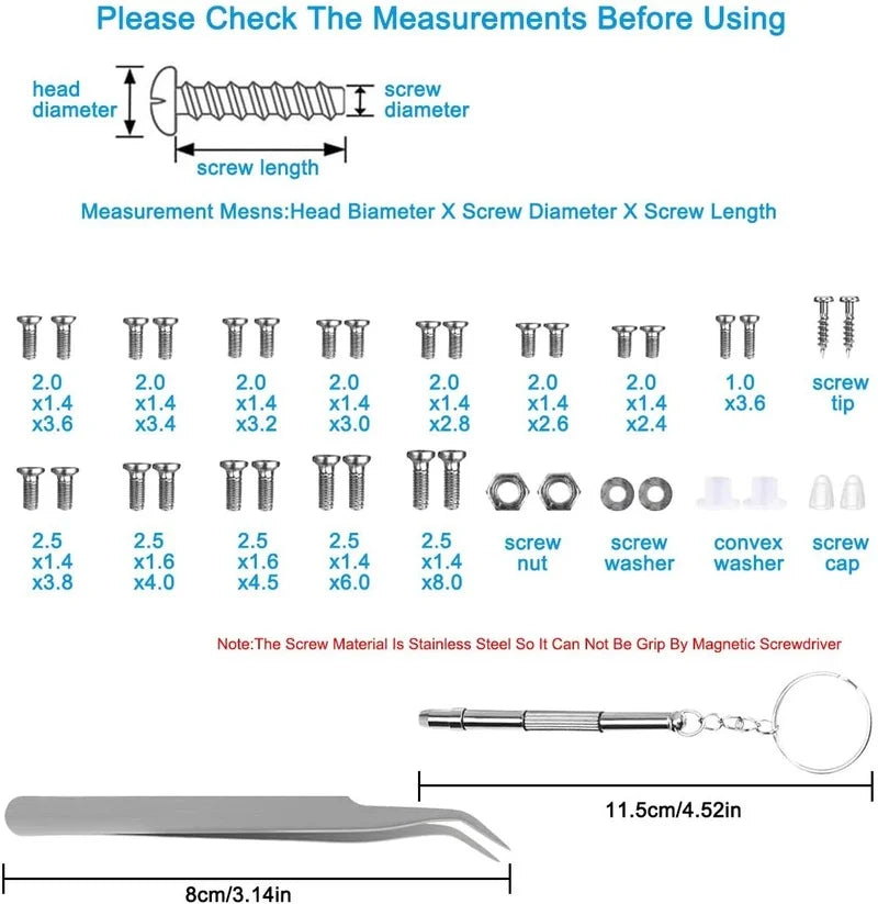 1200pcs Glasses Screws With Screwdriver Tweezers  Repair Kit Complete Glasses Screws Mini Screws Set for PC Phone
