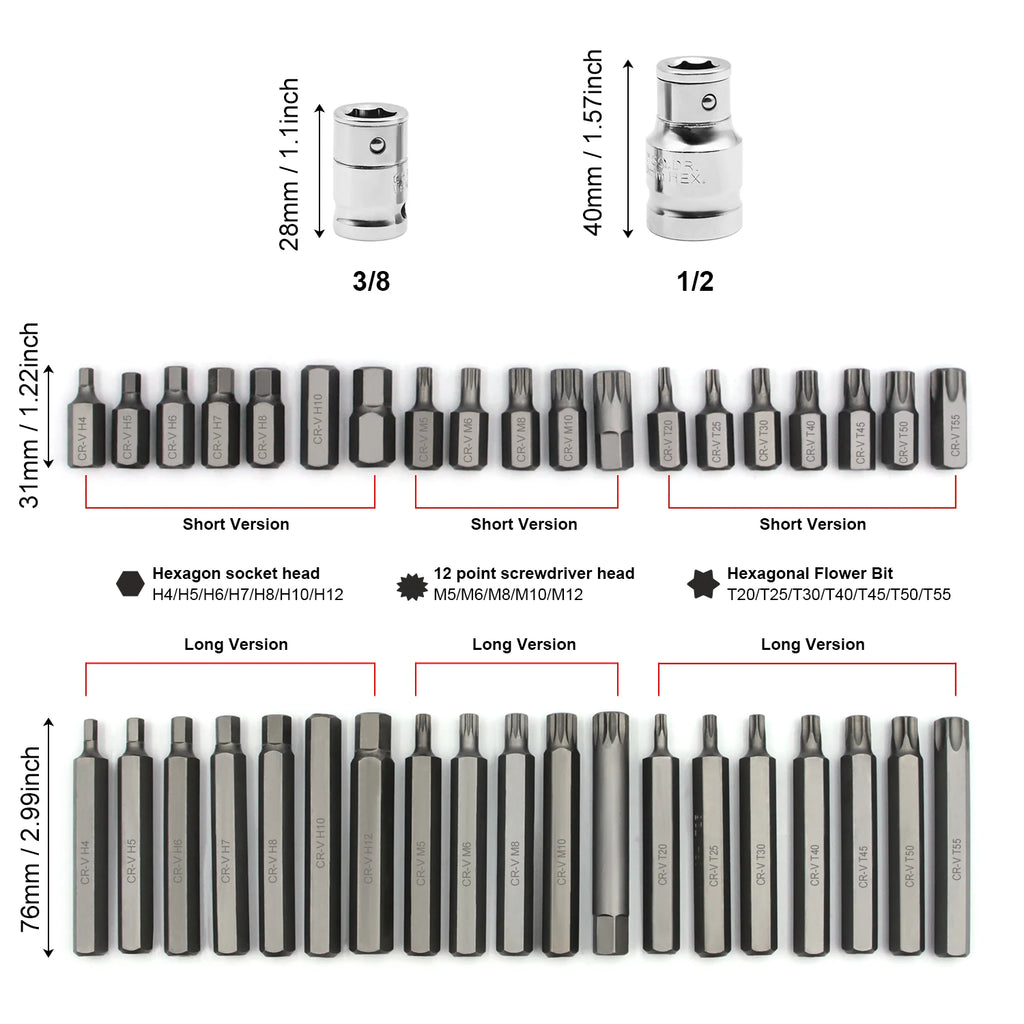 40 piece set of automotive repair tools, including hexagonal, hexagonal, and hexagonal screwdriver head sleeve sets