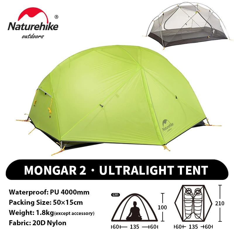 Naturehike Mongar UL 2 Tent 2 Person Backpacking Tent 20D Ultralight Travel Tent Waterproof Hiking Survival Outdoor Camping Tent