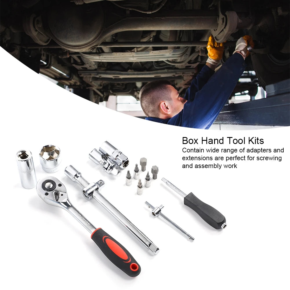 Ratchet Wrench Set 1/4in 1/2in CR40 Steel Socket Set Tool Case + Box Hand Tool Kits Ratchet Wrench Set Box Hand Tool Kits