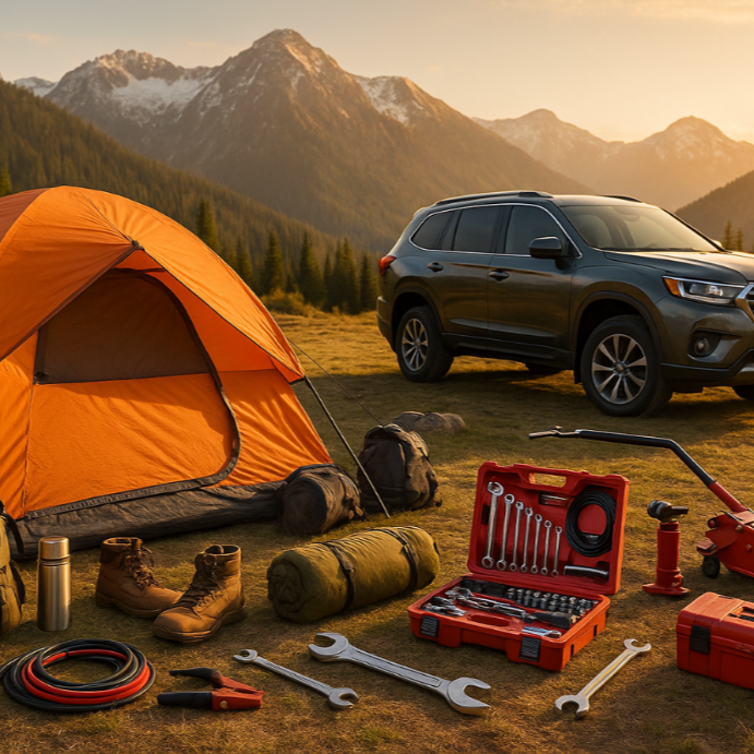 Hero image combining camping gear and car tools